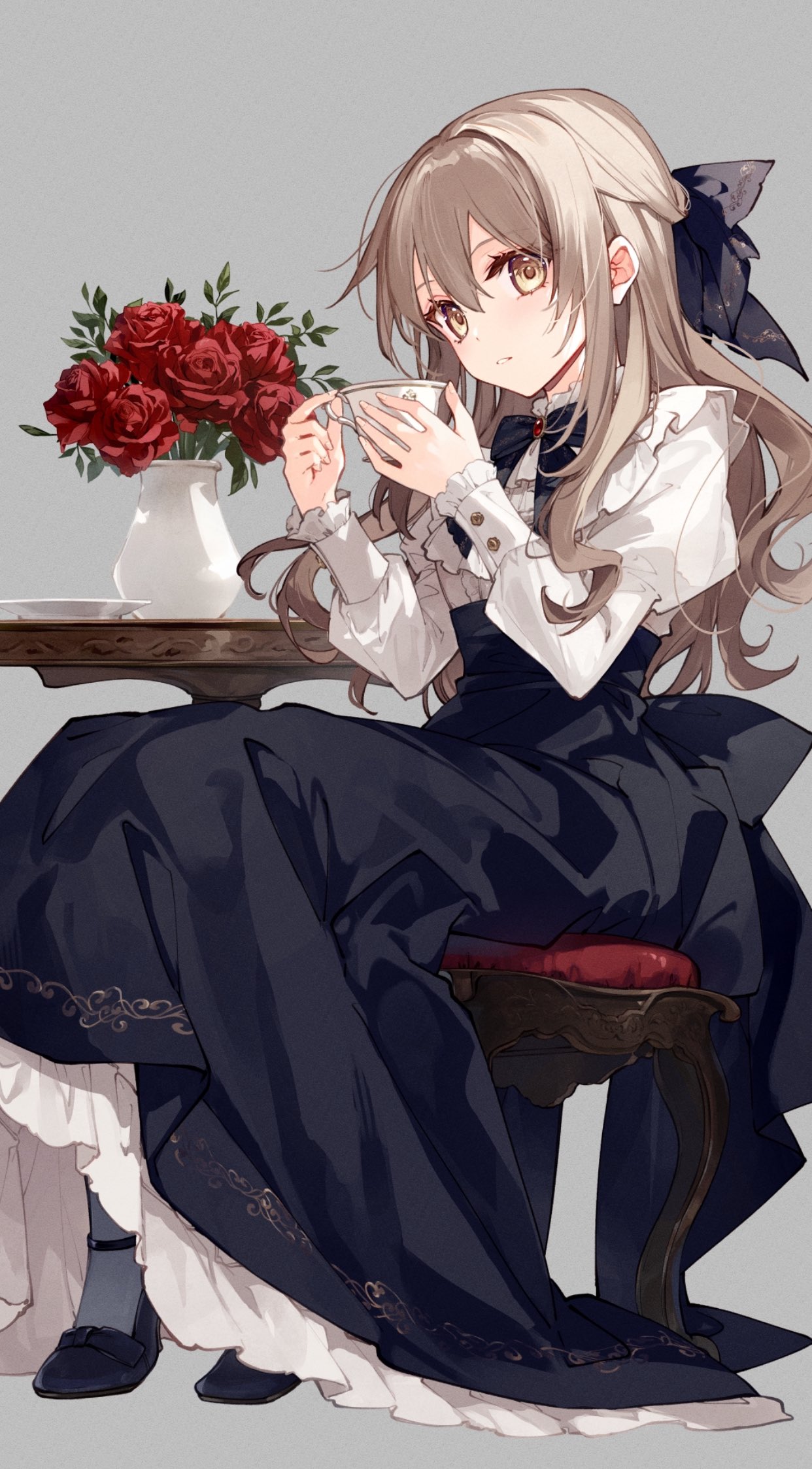 mochizuki shiina, original, commentary, english commentary, highres, 1girl, black bow, black shoes, black skirt, bow, brooch, brown eyes, brown hair, cup, flower, full body, grey background, grey pantyhose, hair between eyes, hair bow, high-waist skirt, holding, holding cup, jewelry, juliet sleeves, long hair, long sleeves, pantyhose, puffy sleeves, red flower, red rose, rose, saucer, shirt, shoes, simple background, skirt, solo, stool, table, vase, very long hair, white shirt