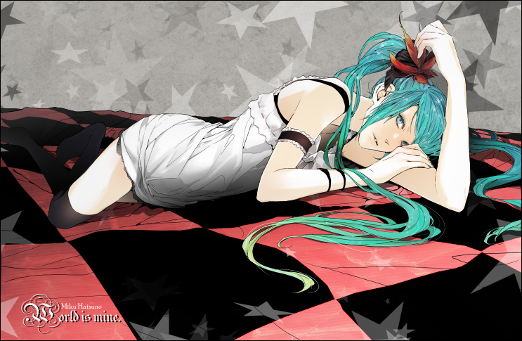 mozilla (artist), hatsune miku, vocaloid, world is mine (vocaloid), bad id, bad pixiv id, aqua eyes, aqua hair, long hair, solo, star (symbol), thighhighs, twintails