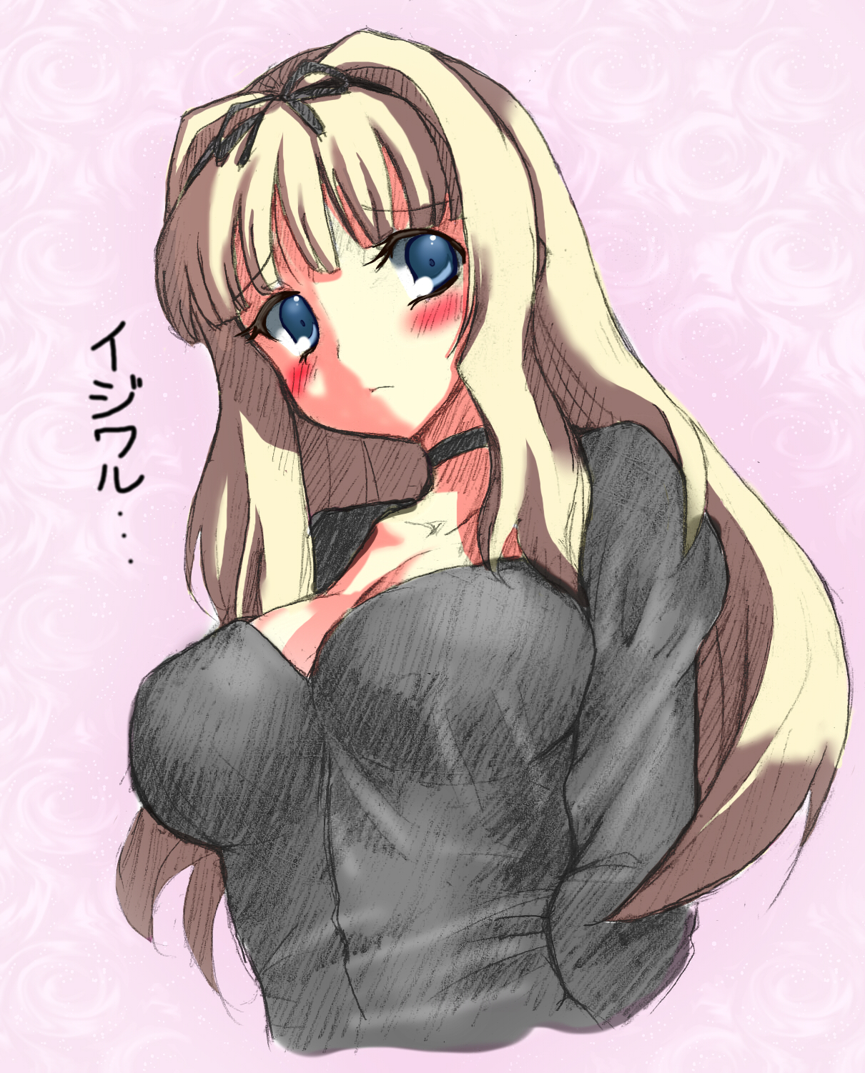 aouma, kusugawa sasara, to heart (series), to heart 2, bad id, bad pixiv id, graphite (medium), highres, mixed media, traditional media, translated, 00s, 1girl, blonde hair, blue eyes, blush, breasts, choker, female focus, ribbon, solo