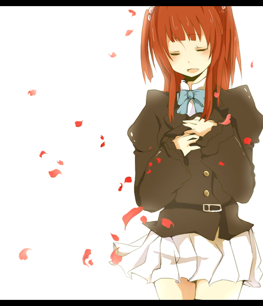 mono (recall), ushiromiya ange, umineko no naku koro ni, 00s, 1girl, blush, closed eyes, female focus, hair bobbles, hair ornament, jacket, letterboxed, red hair, skirt, solo