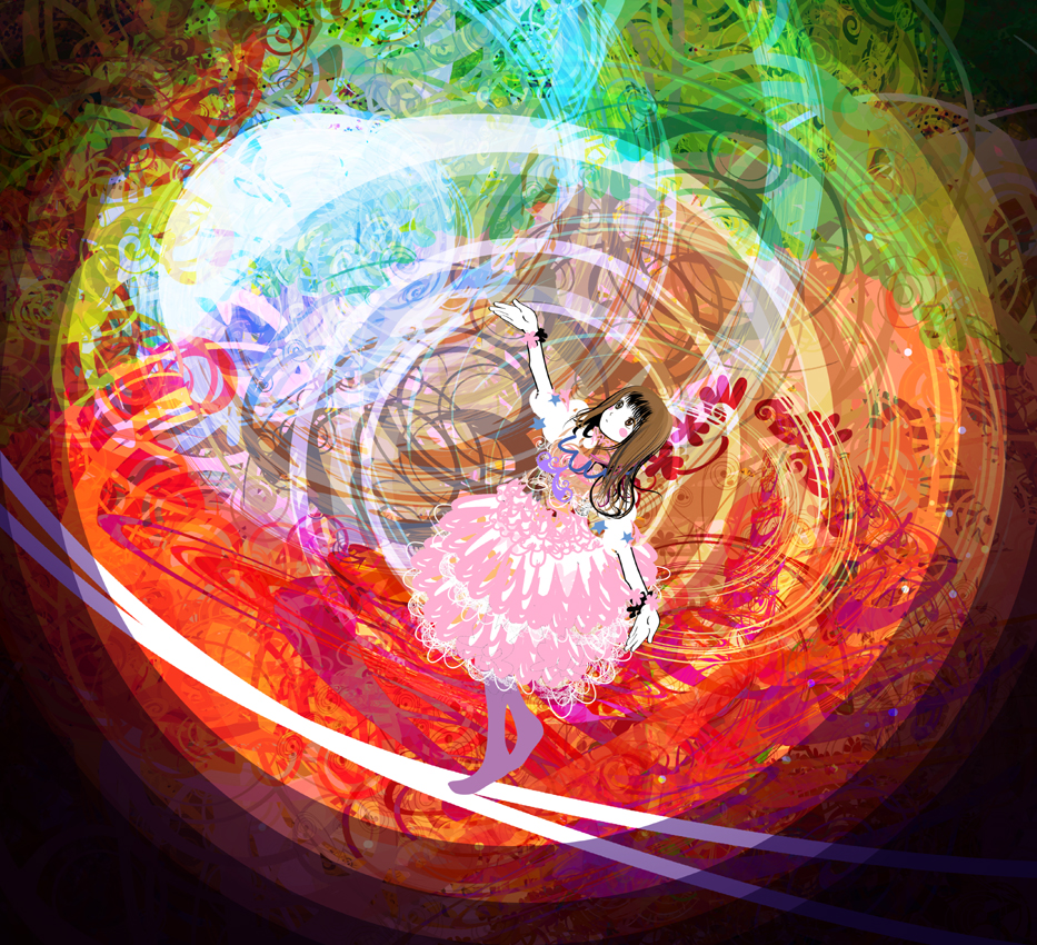 kazaana, original, 1girl, abstract, arms up, boots, brown boots, brown hair, colorful, female focus, full body, head back, knee boots, long hair, outstretched arms, psychedelic, solo, standing