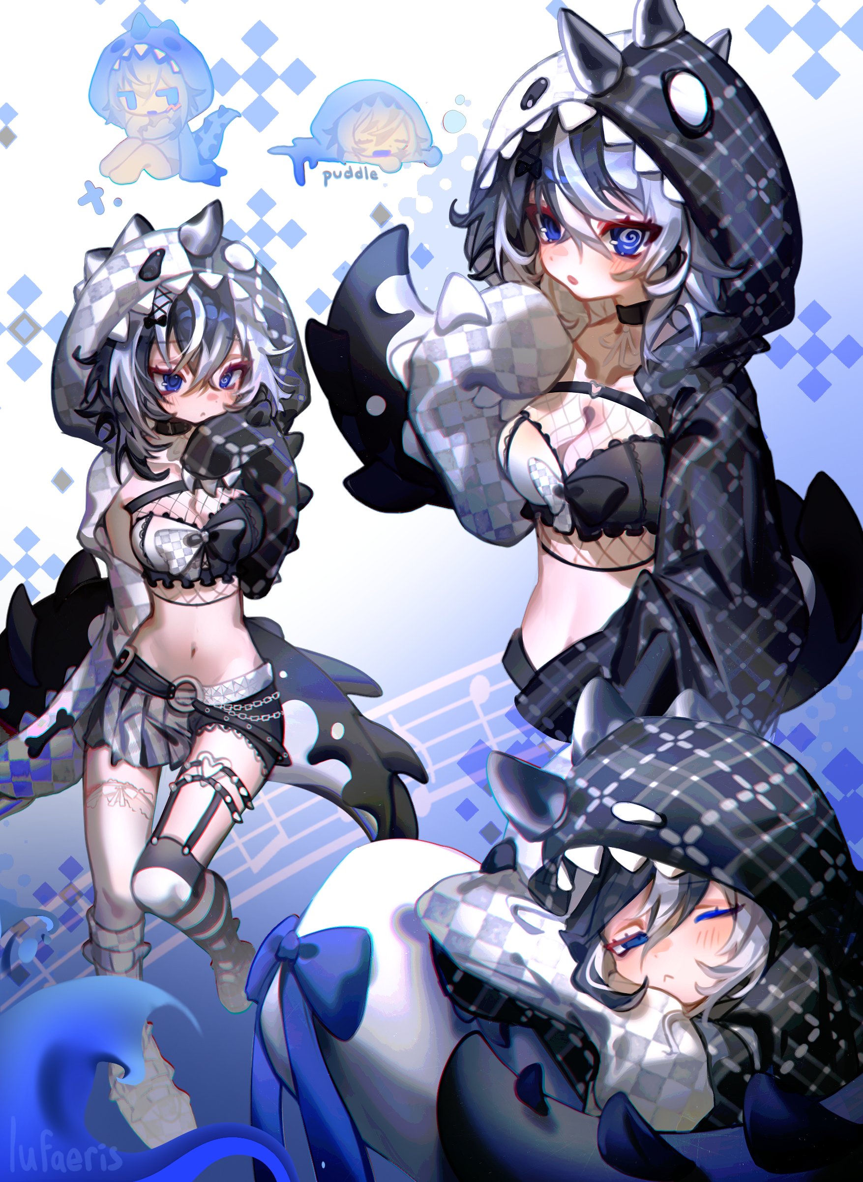 cloud (lufaeris), original, absurdres, commentary, commission, english commentary, highres, 1girl, animal costume, asymmetrical legwear, black choker, blue eyes, blue hair, breasts, chibi, chibi inset, choker, cleavage, closed mouth, crossed bangs, grey skirt, hair between eyes, head on pillow, hood, hood up, looking at viewer, medium breasts, miniskirt, mismatched legwear, multiple views, navel, one eye closed, open mouth, pillow, short hair, skirt, tail, thighhighs, white thighhighs