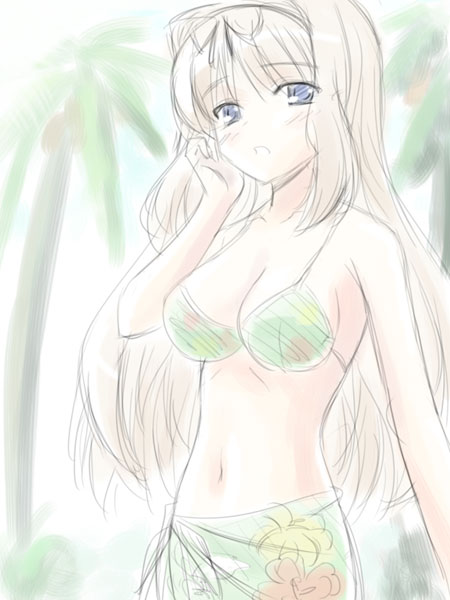 masakichi (crossroad), kusugawa sasara, to heart (series), to heart 2, 00s, 1girl, bikini, bikini top only, blonde hair, blue eyes, blush, breasts, female focus, green bikini, large breasts, long hair, sarong, solo, swimsuit