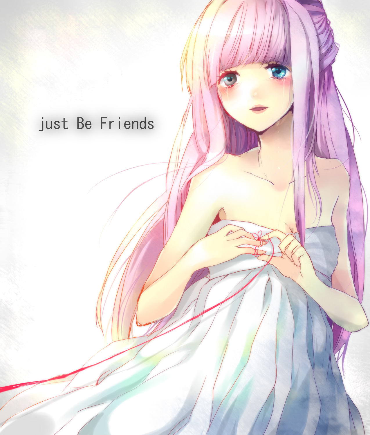 raraoa (lalaoa), megurine luka, just be friends (vocaloid), vocaloid, highres, 1girl, bare shoulders, blue eyes, dress, female focus, happy, hime cut, jewelry, lipstick, long hair, makeup, pink hair, ring, solo, strapless, strapless dress, string, string of fate, tears, tube top, very long hair