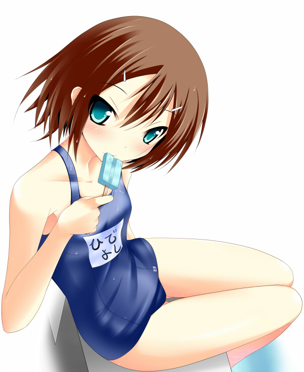 nana (732 kaiten), kinoshita hideyoshi, baka to test to shoukanjuu, 1boy, blue eyes, crossdressing, crossdressing (mtf), food, male focus, one-piece swimsuit, popsicle, school swimsuit, solo, swimsuit, trap