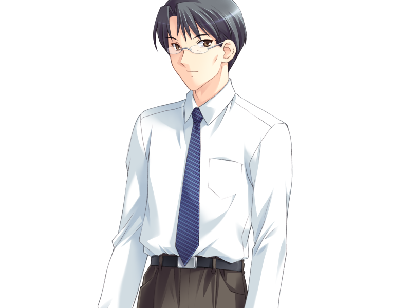 kuroda akimi, tsuma shibori, tsumamigui (series), game cg, non-web source, official art, 1boy, belt, black hair, brown eyes, male focus, mature male, necktie, pants, parted bangs, semi-rimless eyewear, shirt, short hair, tsubaki ryouji, white shirt