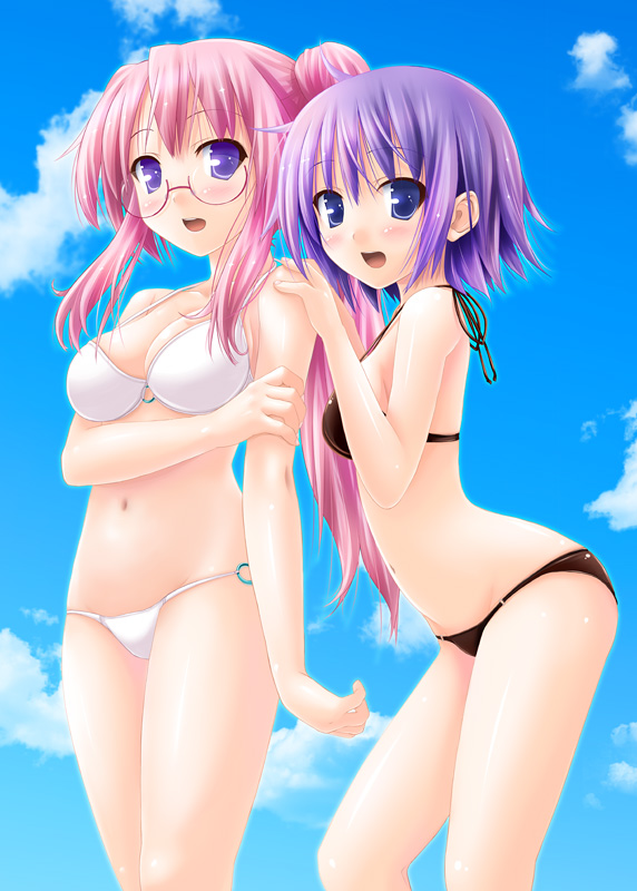 kisaragi miyu, hiiragi tsukasa, takara miyuki, lucky star, 00s, 2girls, :d, bikini, black bikini, blush, cloud, day, glasses, hands on another's shoulders, long hair, multiple girls, navel, o-ring, o-ring bikini, o-ring bottom, o-ring top, open mouth, pink hair, purple eyes, purple hair, semi-rimless eyewear, shiny skin, short hair, sky, smile, swimsuit, under-rim eyewear, white bikini