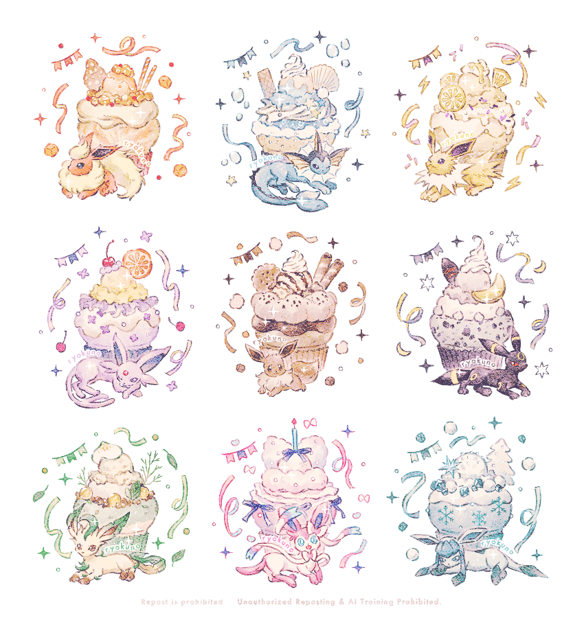 ryokuno green, eevee, espeon, flareon, glaceon, jolteon, leafeon, sylveon, umbreon, vaporeon, nintendo, pokemon, :3, animal focus, animal hands, black eyes, black fur, blue eyes, blue fur, bow, brown eyes, brown fur, candle, cupcake, facial mark, fins, fish tail, food, forehead jewel, forehead mark, fruit, full body, gen 1 pokemon, gen 2 pokemon, gen 4 pokemon, gen 6 pokemon, green fur, head fins, ice cream, leaf, lemon, lemon slice, looking at viewer, lying, neck fur, no humans, one eye closed, orange fur, pink fur, pink ribbon, pokemon (creature), pokemon focus, purple eyes, purple fur, red eyes, ribbon, seashell, shell, sidelocks, simple background, spiked tail, tail, wafer stick, white background, white fur, yellow fur