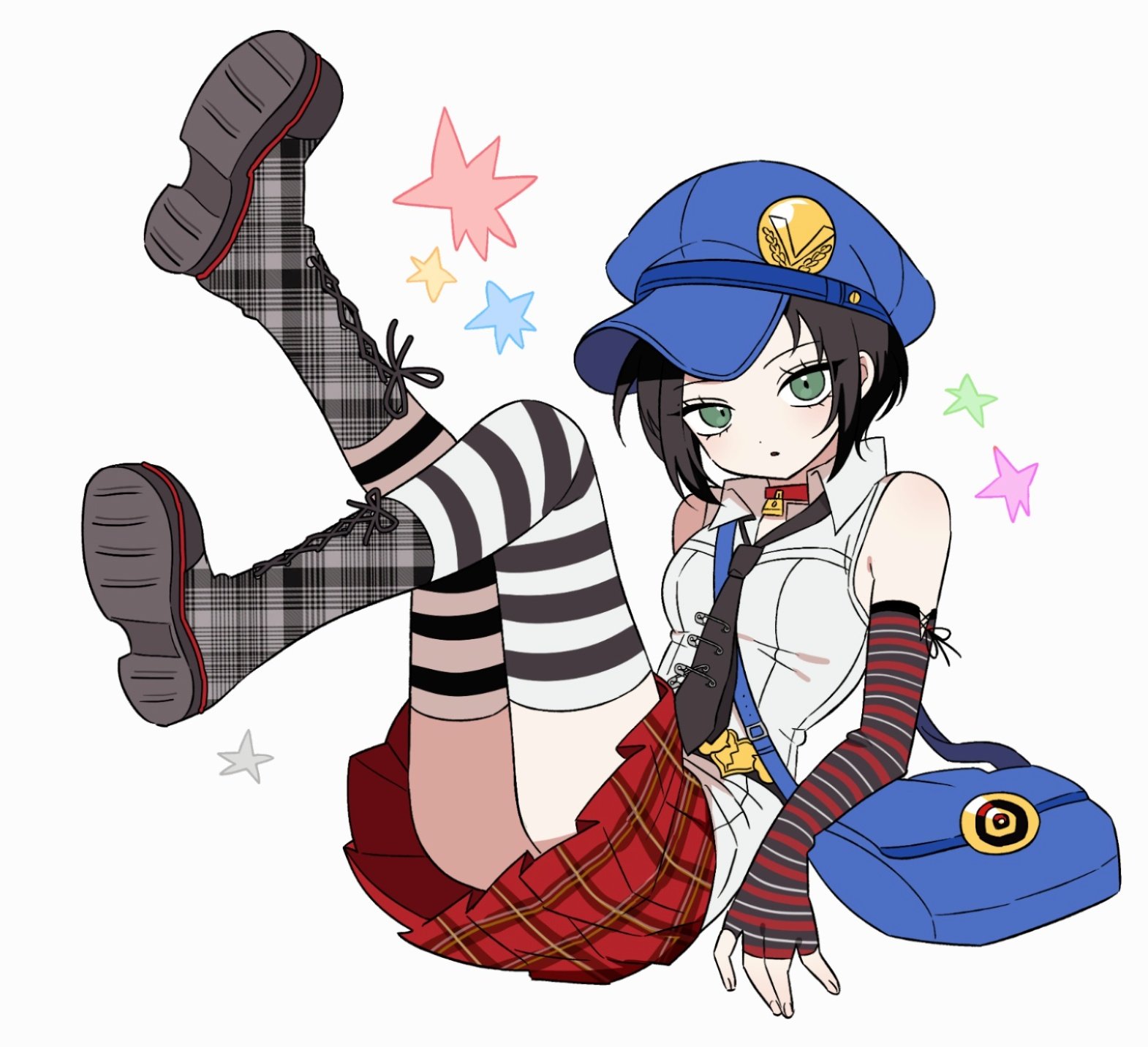 shiryoku kensa, marie (persona 4), persona, persona 4, persona 4 the golden, highres, 1girl, bag, bare shoulders, black hair, black necktie, blue hat, boots, breasts, checkered clothes, checkered skirt, choker, collared shirt, elbow gloves, fingerless gloves, full body, gloves, green eyes, hat, lace-up boots, legs up, lock, looking at viewer, necktie, pleated skirt, red choker, red skirt, shirt, short hair, shoulder bag, simple background, skirt, sleeveless, sleeveless shirt, solo, star (symbol), striped clothes, striped thighhighs, thighhighs, white background, white shirt