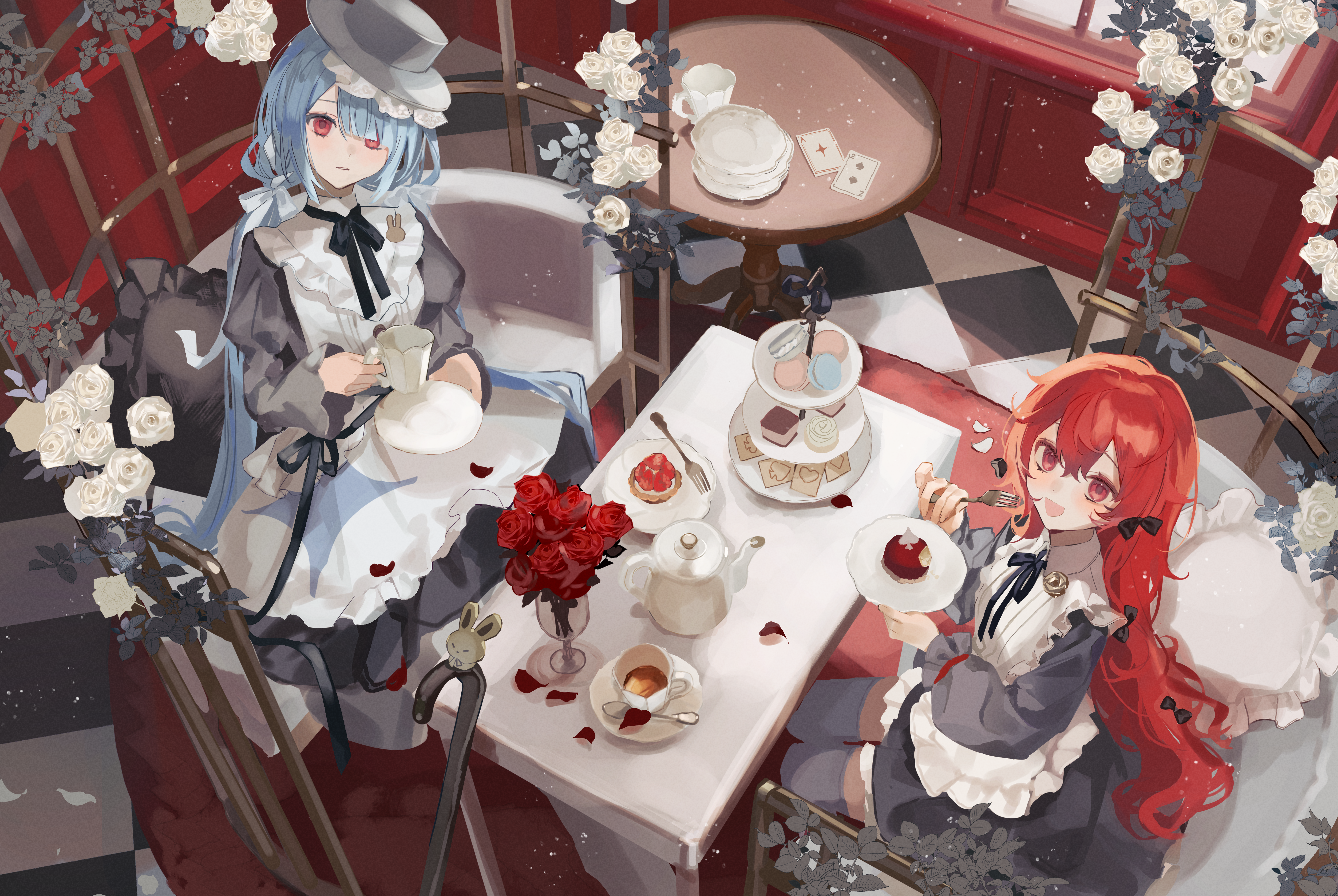 macaroni, orizuru 26, original, absurdres, commission, highres, skeb commission, 2girls, :d, black bow, black dress, black hat, black ribbon, blue ribbon, blunt bangs, bow, brooch, cake, cane, card, carpet, checkered floor, collared dress, couch, cup, double-parted bangs, dress, drinking glass, eating, feet out of frame, flower, flower brooch, food, fork, frilled dress, frilled shirt collar, frills, from above, grey thighhighs, hair between eyes, hair bow, hair ribbon, hat, holding, holding cup, holding fork, holding saucer, indoors, jewelry, lolita fashion, long hair, long sleeves, looking up, multiple girls, neck ribbon, on couch, one eye covered, open mouth, parted bangs, parted lips, petals, pillow, plant, plate, rabbit brooch, red carpet, red eyes, red hair, ribbon, rose, saucer, siblings, sisters, sitting, smile, spoon, table, tea, teacup, thighhighs, tiered tray, trellis, twintails, two-tone dress, very long hair, vines, white dress, white flower, white rose, window