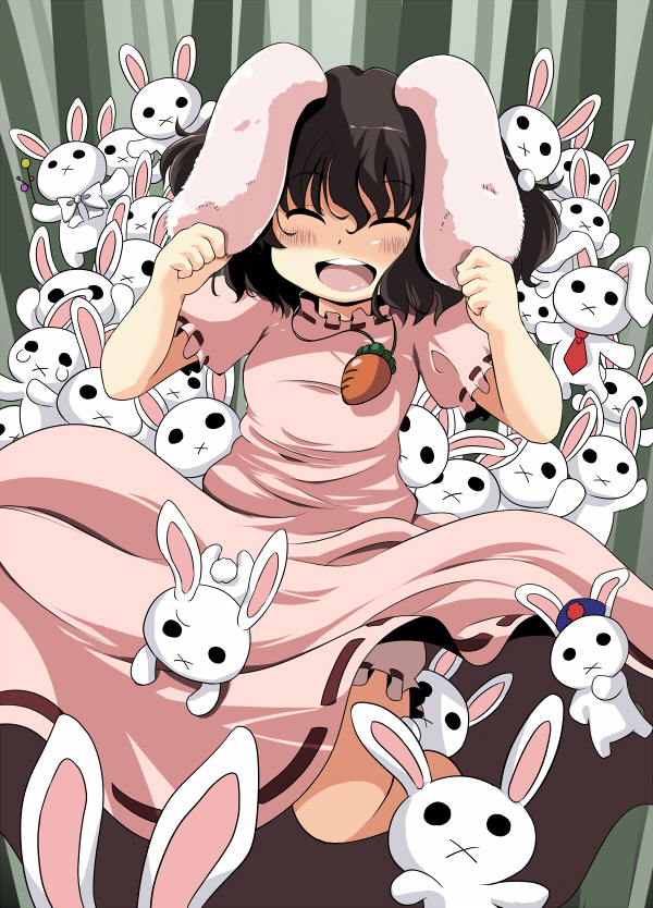 sugiura, houraisan kaguya, inaba tewi, reisen udongein inaba, yagokoro eirin, touhou, 1girl, animal ears, bow, bowtie, brown hair, carrot, cosplay, female focus, hat, houraisan kaguya (cosplay), necktie, rabbit, rabbit ears, red necktie, reisen udongein inaba (cosplay), short hair, too many, too many rabbits, x mouth, yagokoro eirin (cosplay)