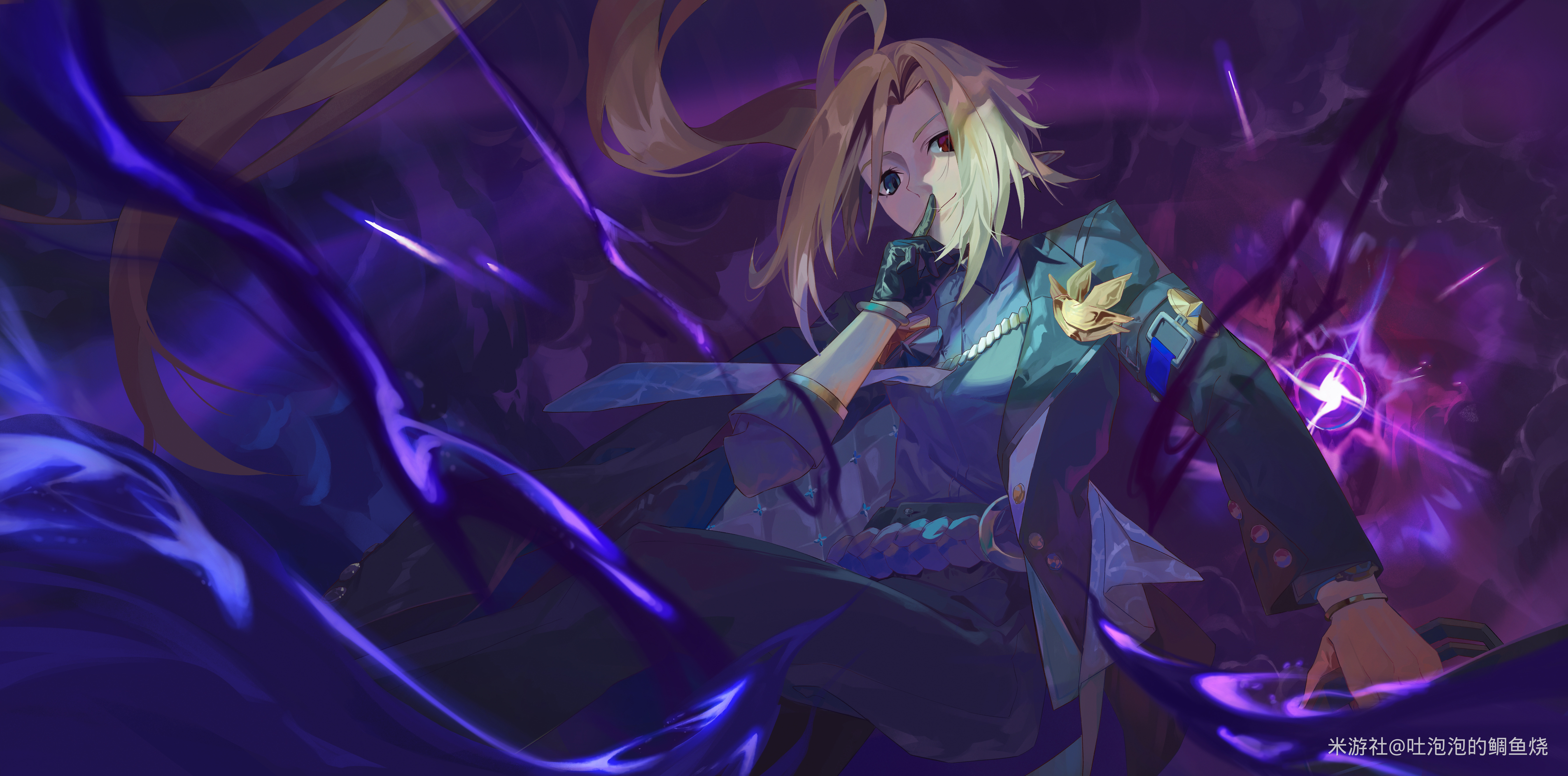 tu pao diao yu shao, hugo vlad, zenless zone zero, absurdres, commentary request, highres, 1boy, ahoge, arm out of sleeve, black coat, black gloves, black pants, blonde hair, bracelet, closed mouth, coat, finger to mouth, gloves, grey eyes, half gloves, heterochromia, holding, holding suitcase, jewelry, lapel pin, long hair, looking at viewer, male focus, mole, mole under eye, necktie, pants, pointy ears, purple background, purple necktie, purple shirt, red eyes, shirt, shirt tucked in, shushing, single glove, single half glove, sleeves rolled up, solo, suitcase