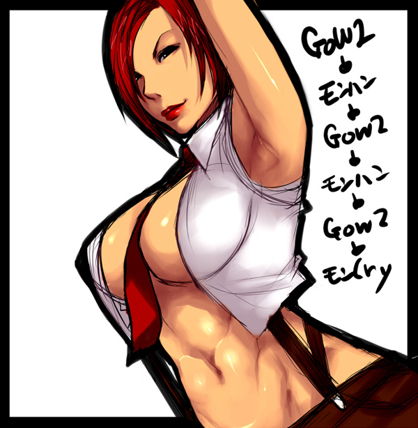 sawao, vanessa (kof), snk, the king of fighters, translated, 1girl, abs, armpits, between breasts, black eyes, breasts, female focus, large breasts, lipstick, makeup, navel, necktie, red hair, short hair, sleeveless, solo, suspenders, text focus, underboob
