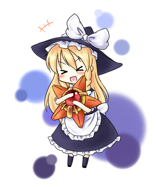 tobi (artist), tobi (nekomata homara), kirisame marisa, staryu, nintendo, pokemon, touhou, bad id, bad pixiv id, > <, 1girl, :d, blonde hair, chibi, closed eyes, crossover, gen 1 pokemon, happy, hat, heart, heart in mouth, hug, open mouth, pokemon (creature), smile, witch, witch hat, xd