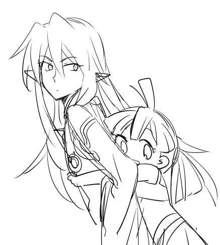 kokecoo, cestus (sekaiju), cestus 2 (sekaiju), warlock (sekaiju), warlock 3 (sekaiju), etrian odyssey, sekaiju no meikyuu, sekaiju no meikyuu 5, lowres, 1boy, 1girl, :d, ahoge, elf, eyelashes, hug, hug from behind, lineart, long hair, monochrome, open mouth, pointy ears, smile