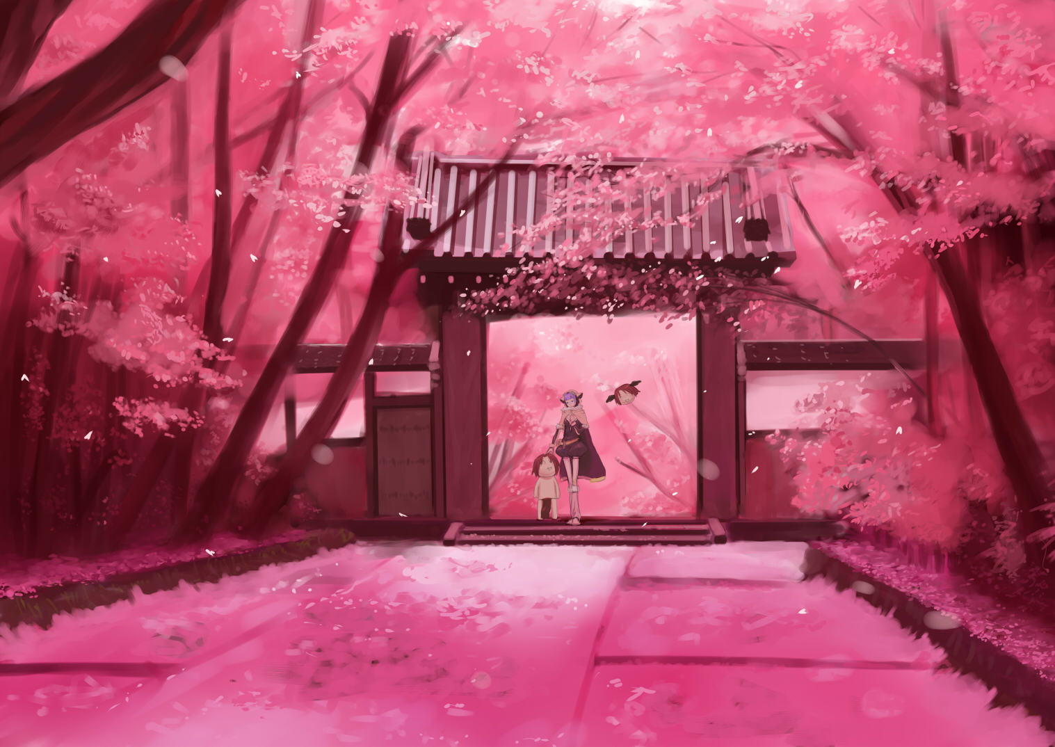 dandelaion7, mayoko, pixiv fantasia, pixiv fantasia 3, 1girl, cherry blossoms, forest, gate, nature, pink theme, scenery