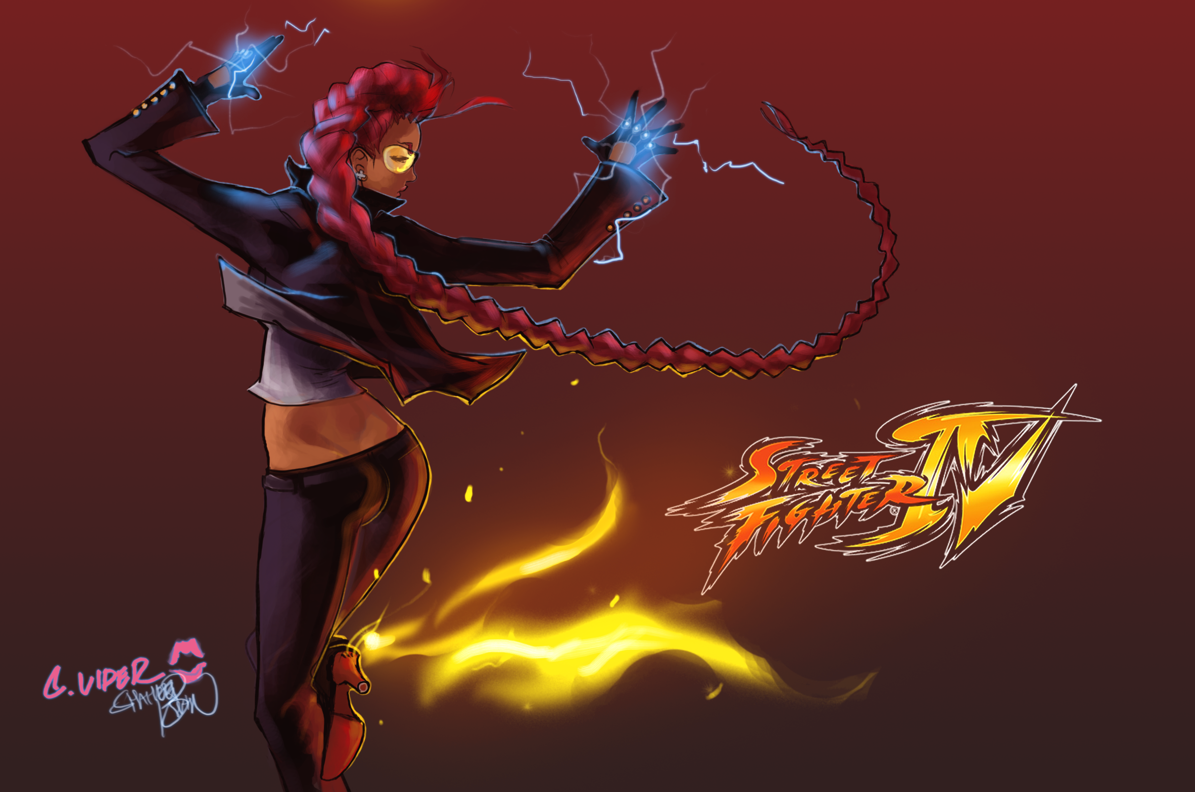 tsenzen, crimson viper, capcom, street fighter, street fighter iv (series), highres, 1girl, ass, black gloves, braid, cross, cross earrings, dark-skinned female, dark skin, earrings, electricity, fauxhawk, female focus, fire, formal clothes, gloves, jewelry, long hair, pant suit, pants, pompadour, red hair, safety glasses, single braid, solo, suit, sunglasses, tinted eyewear, very long hair, yellow-tinted eyewear