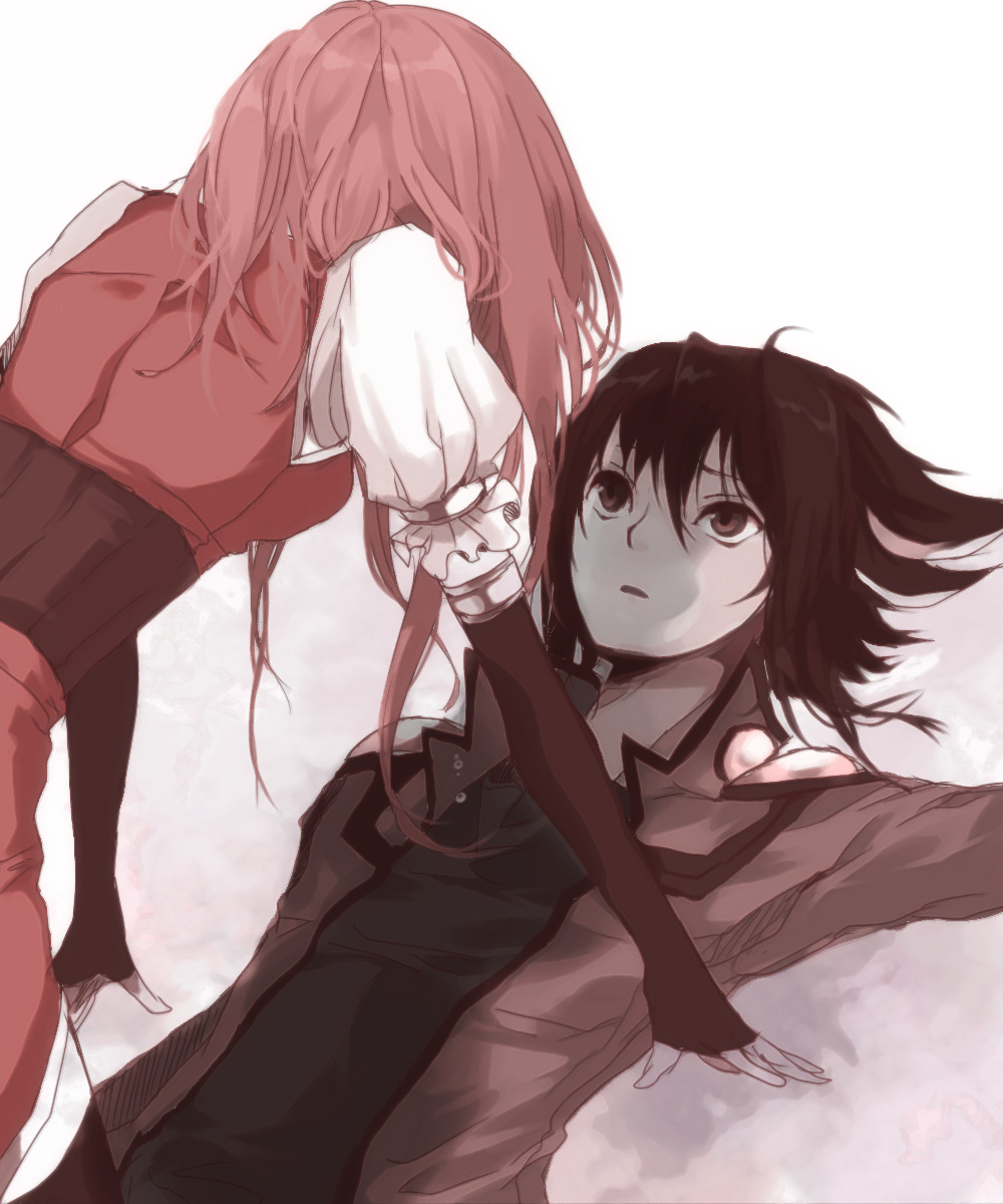 raraoa (lalaoa), fudo yusei, izayoi aki, yu-gi-oh!, yu-gi-oh! 5d's, highres, 00s, 1boy, 1girl, back, couple, elbow gloves, fingerless gloves, gloves, hetero, long hair, multicolored hair, red hair, streaked hair