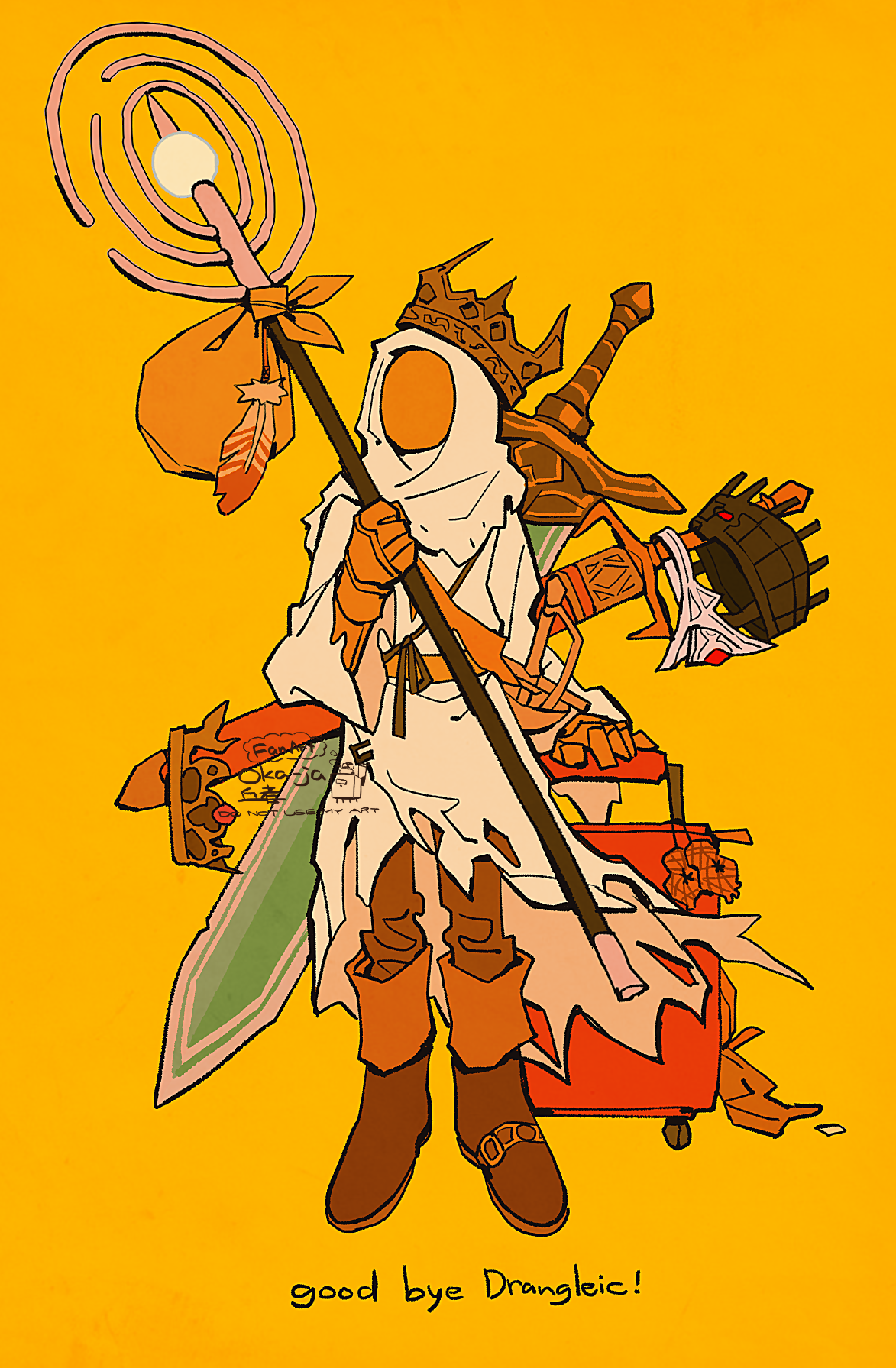 okajamira, bearer of the curse, dark souls (series), dark souls ii, highres, 1other, ambiguous gender, bindle, boots, brown boots, brown gloves, brown pants, crown, full body, gloves, goodbye, holding, holding staff, mask, masked, orange background, other focus, pants, robe, rolling suitcase, solo, staff, standing, suitcase, sword, sword on back, weapon, weapon on back, white hood, white robe