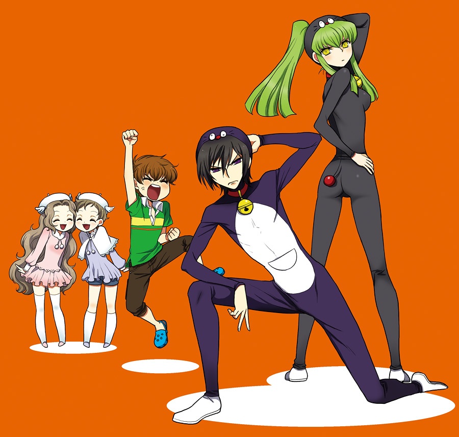 hato niku, c.c., kururugi suzaku, lelouch vi britannia, nunnally vi britannia, rolo lamperouge, code geass, doraemon, bad id, bad pixiv id, 2girls, 3boys, aged down, ass, bell, bodysuit, catsuit, child, collar, cosplay, cowbell, hand on own hip, head wings, hip focus, jingle bell, jumping, multiple boys, multiple girls, neck bell, parody, ponytail, scowl, simple background, skin tight, tail, wings