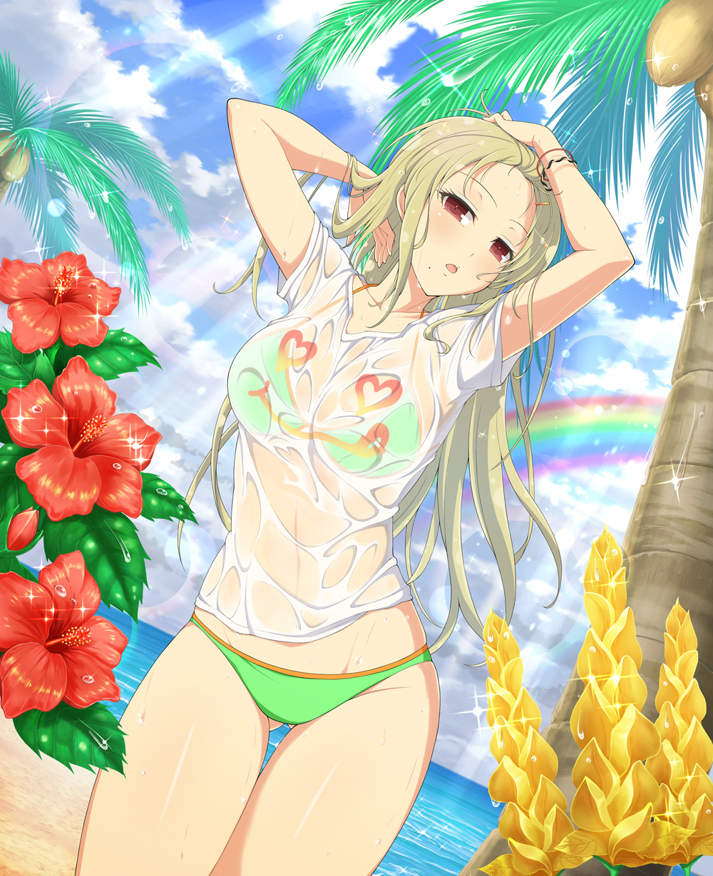 shiki (senran kagura), senran kagura, senran kagura new wave, senran kagura shinovi versus, flower request, highres, official art, 1girl, :o, adjusting hair, beach, bikini, bikini under clothes, blonde hair, blue sky, blush, bracelet, breasts, cleavage, cloud, cloudy sky, coconut, coconut tree, day, flower, gluteal fold, green bikini, groin, hair ornament, hairclip, hands in own hair, heart, heart-shaped eyes, heart print, hibiscus, horizon, jewelry, large breasts, leaf, lens flare, light rays, linea alba, long hair, looking at viewer, mole, mole under mouth, navel, ocean, open mouth, orange trim, outdoors, palm leaf, palm tree, rainbow, red eyes, sand, see-through clothes, see-through shirt, shiny skin, shirt, sky, smiley face, smiley print, solo, sparkle, standing, sunbeam, sunlight, swimsuit, t-shirt, tree, tropical, water, water drop, wet, wet clothes, wet hair, wet shirt, white shirt