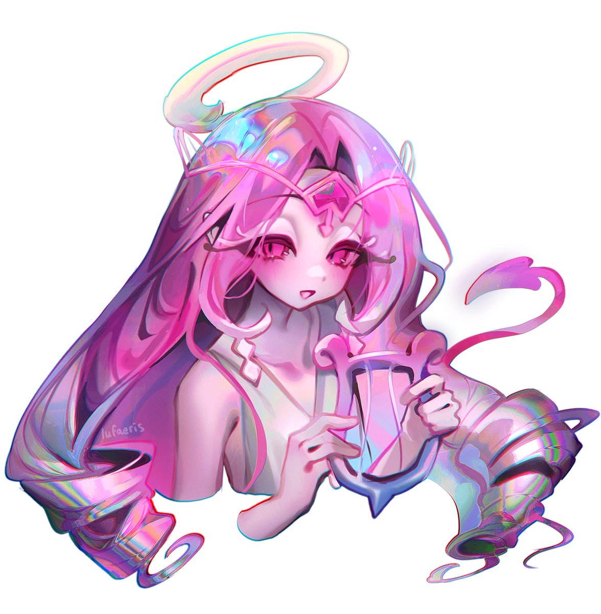cloud (lufaeris), eternal sugar cookie, cookie run, cookie run: kingdom, commentary, english commentary, highres, 1girl, colored skin, cropped torso, demon tail, dress, gem, halo, headpiece, holding, holding instrument, holding lyre, humanization, instrument, long hair, looking at viewer, lyre, open mouth, pink eyes, pink gemstone, pink hair, pink skin, simple background, sleeveless, sleeveless dress, smile, solo, tail, white background, white dress, white eyeshadow, white halo