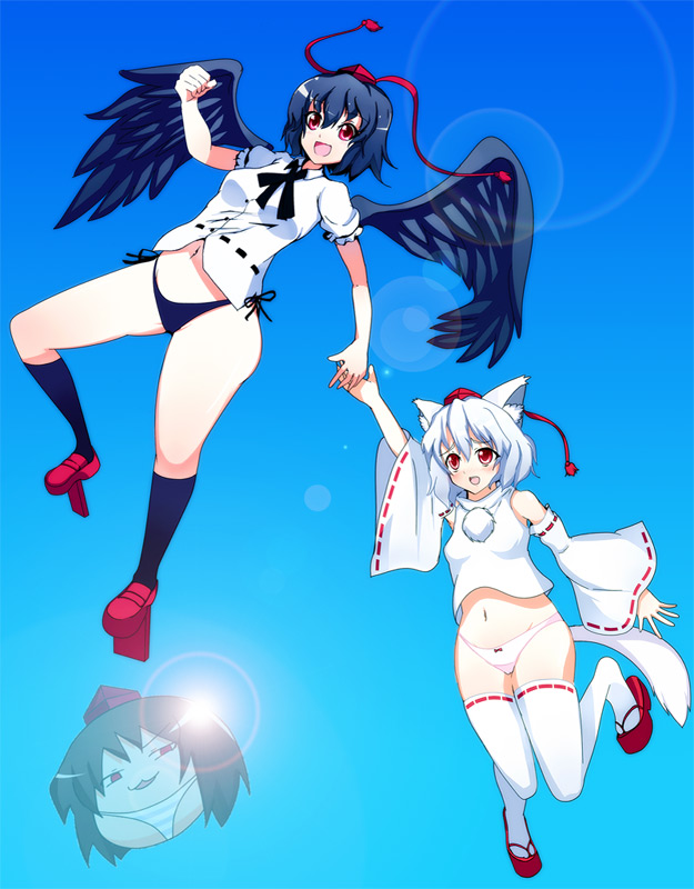 greave (asterism), inubashiri momiji, shameimaru aya, touhou, 2girls, animal ears, black hair, black wings, clog sandals, detached sleeves, female focus, geta, hat, multiple girls, no pants, okobo, panties, platform sandals, red eyes, ribbon-trimmed thighhighs, ribbon trim, sandals, short hair, striped clothes, striped panties, tail, tengu-geta, thighhighs, tokin hat, underwear, white hair, wings, wolf ears, wolf tail, yukkuri shiteitte ne