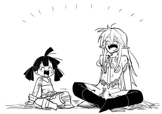 kokecoo, cestus (sekaiju), cestus 2 (sekaiju), warlock (sekaiju), warlock 3 (sekaiju), etrian odyssey, sekaiju no meikyuu, sekaiju no meikyuu 5, 1boy, 1girl, ahoge, boots, dirty, dirty clothes, dirty face, elf, laughing, long hair, monochrome, on ground, pointy ears, sitting