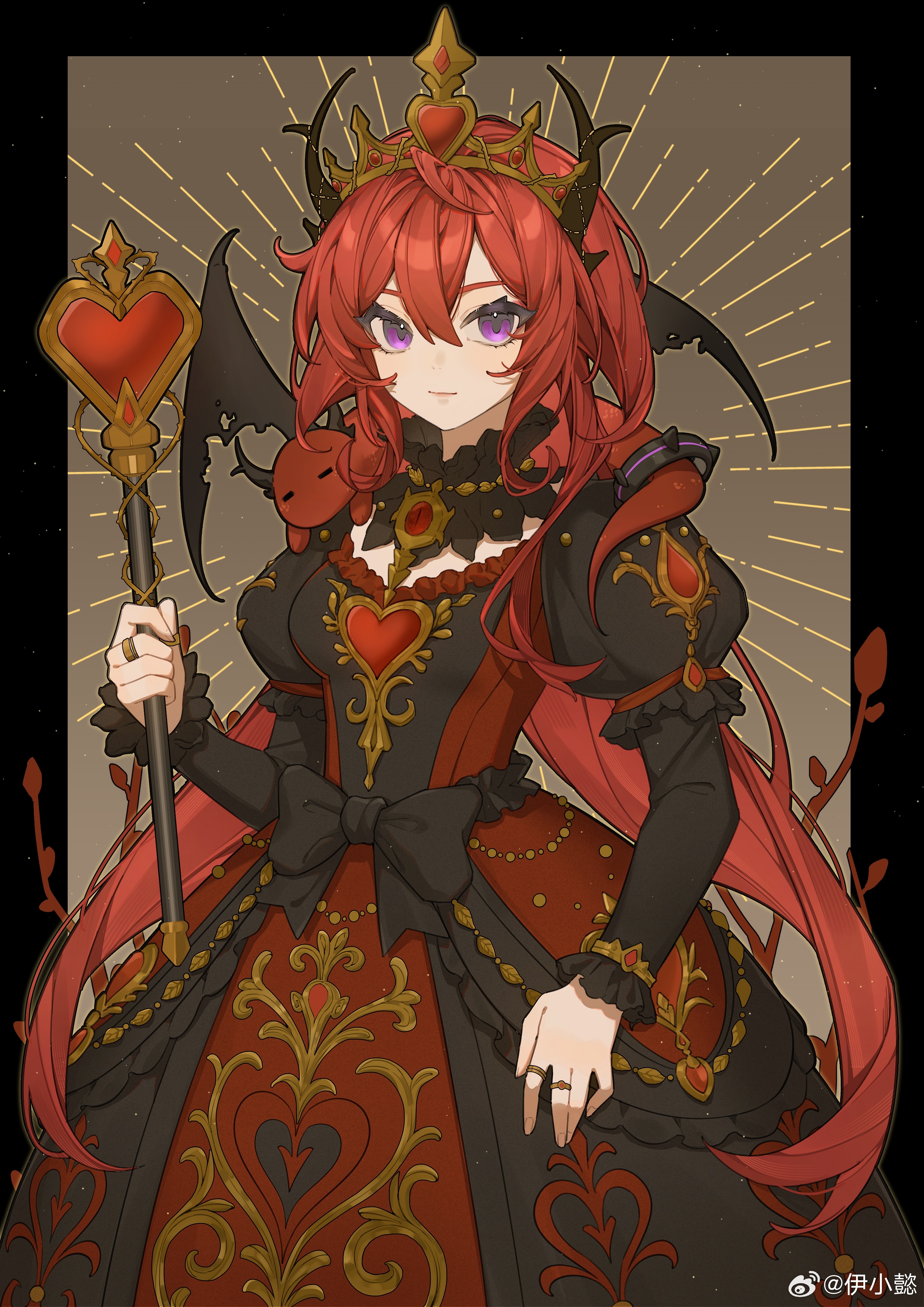 yixiaoyi, queen of hearts (alice in wonderland), surtr (arknights), alice's adventures in wonderland, arknights, absurdres, highres, 1girl, alternate costume, animal, animal around neck, animal on shoulder, black dress, black horns, black ribbon, closed mouth, cosplay, cowboy shot, crown, dress, expressionless, hair between eyes, heart scepter, holding, holding scepter, horns, jewelry, long hair, long sleeves, looking at viewer, multicolored dress, puffy sleeves, purple eyes, queen of hearts (alice in wonderland) (cosplay), red dress, red hair, ribbon, ring, scepter, solo, torn wings, watermark, weibo watermark, wings, yellow dress