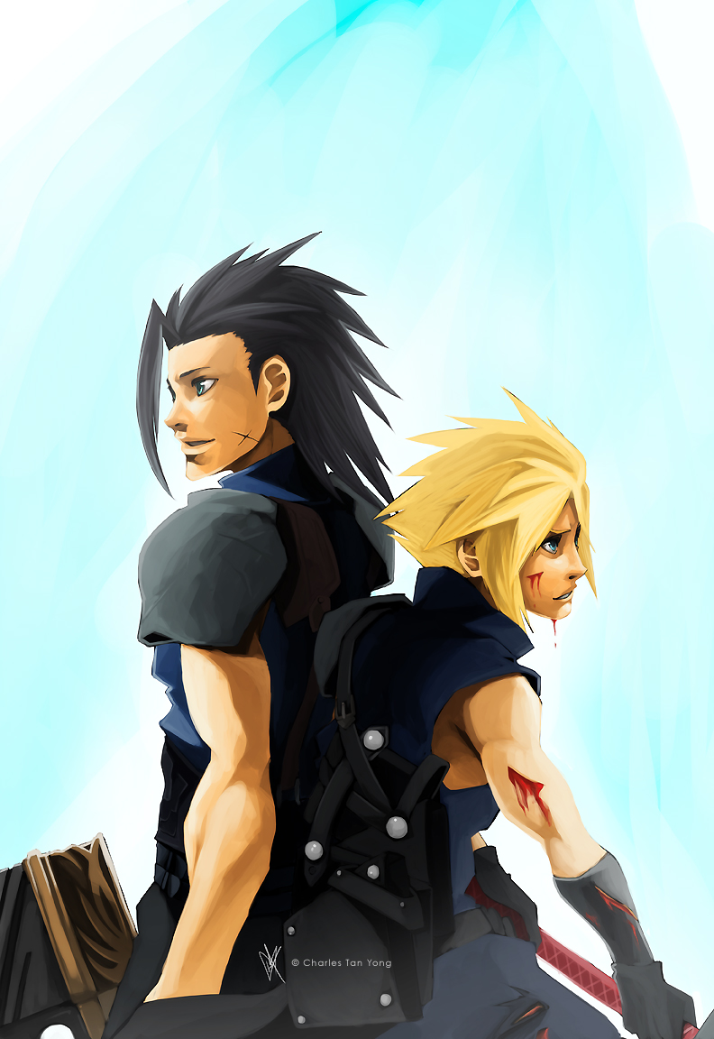 cloud strife, zack fair, final fantasy, final fantasy vii, 1990s (style), armor, back-to-back, black hair, blonde hair, blue eyes, charles tan yong, cuts, friends, green eyes, injury, pants, shirt, sideburns, sword, thefenrir, weapon