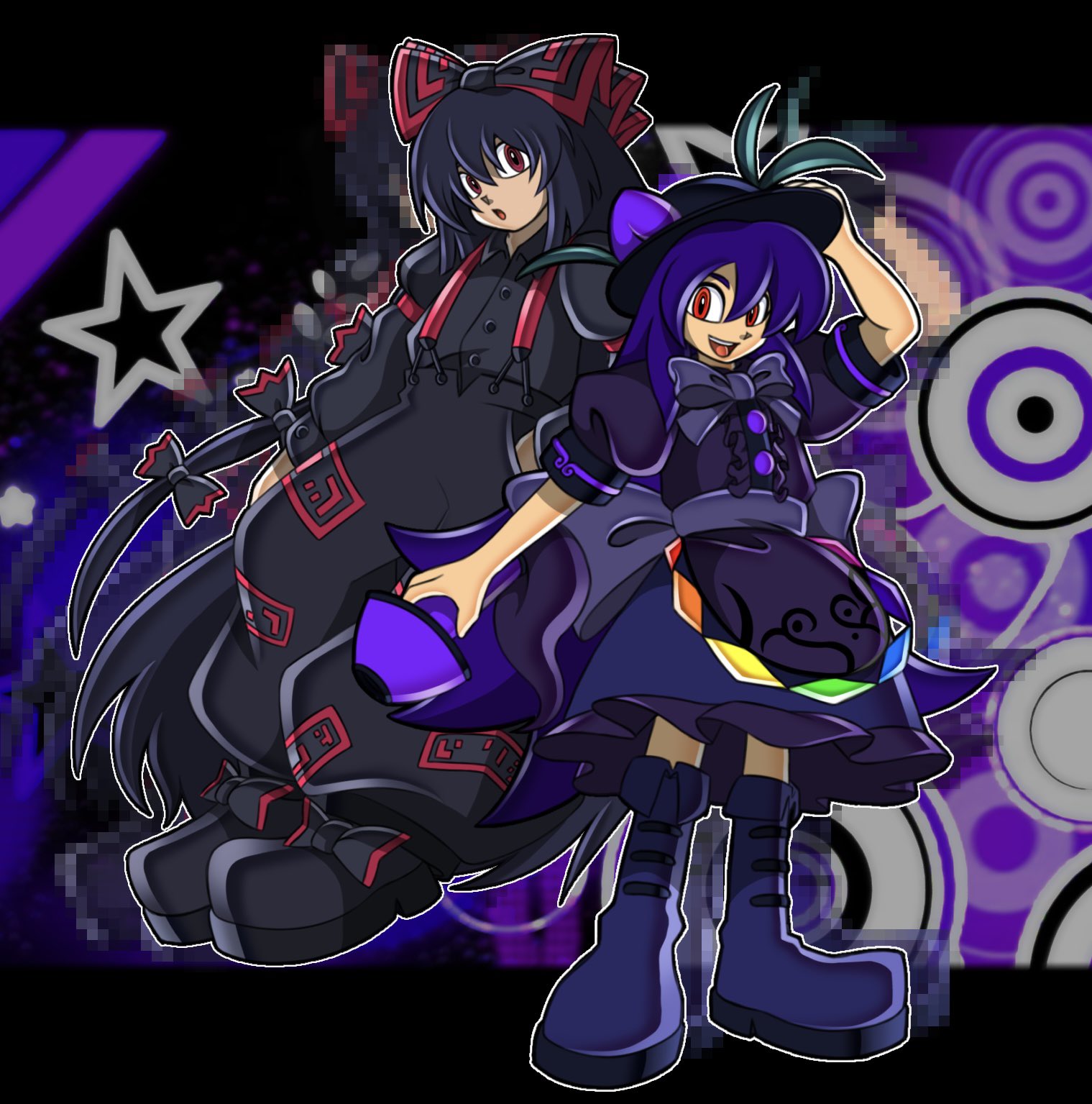 animemaster, fujiwara no mokou, hinanawi tenshi, touhou, highres, 2girls, armband, back bow, black bow, black hair, black hat, black pants, black ribbon, black shirt, black shoes, bow, food, food-themed hair ornament, frilled skirt, frills, fruit, fruit hat ornament, grey bow, hair between eyes, hair ornament, hair ribbon, hands in pockets, hat, hat ornament, kaname-ishi, leaf, leaf hat ornament, long hair, looking at viewer, multiple girls, official style, ofuda, ofuda on clothes, open mouth, pants, peach, peach hair ornament, peach hat ornament, puffy short sleeves, puffy sleeves, purple hair, purple shoes, rainbow gradient, rainbow order, red armband, red eyes, ribbon, shirt, shoes, short sleeves, skirt, sword of hisou, teeth, torn clothes, torn sleeves, uekawa yuji (style), upper teeth only, very long hair