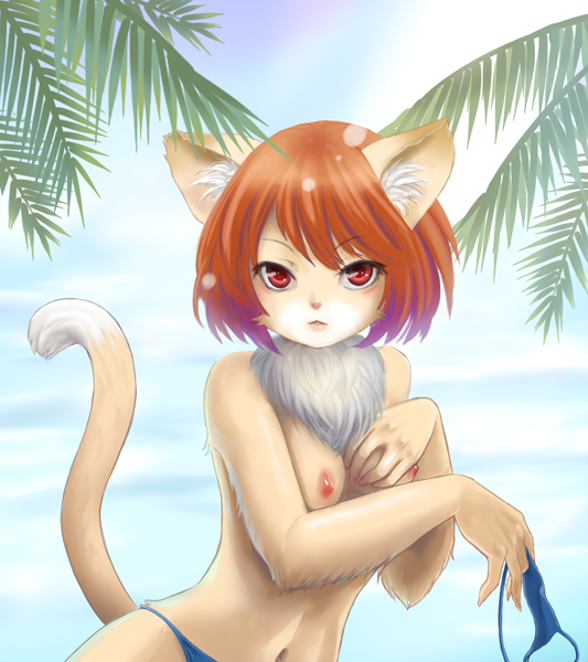 tetsuko (jukai), animal ears, beach, bikini, breasts, cat ears, cat tail, furry, nipples, red eyes, red hair, short hair, swimsuit, tail, topfreedom, topless female