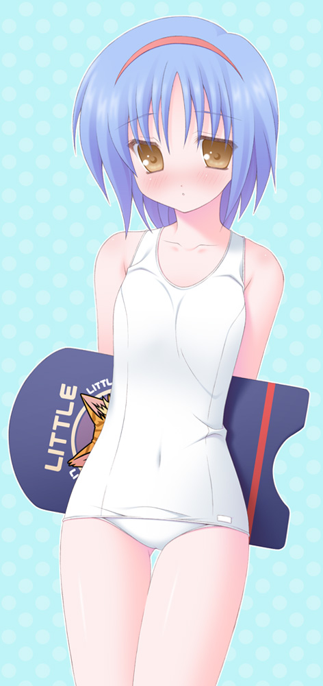 hisane, nishizono mio, little busters!, bad id, bad pixiv id, blue hair, brown eyes, hairband, kickboard, one-piece swimsuit, school swimsuit, short hair, solo, swimsuit, white one-piece swimsuit, white school swimsuit