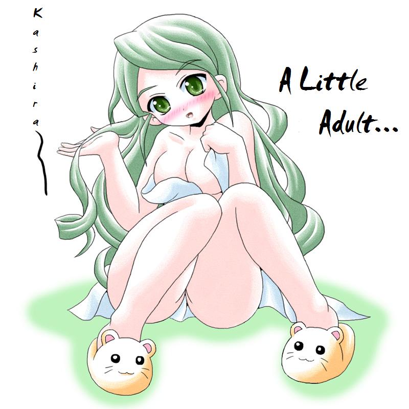 imai kazunari, kanaria, rozen maiden, 00s, 1girl, blush, brown slippers, english text, female focus, green eyes, green hair, long hair, matching hair/eyes, slippers, solo