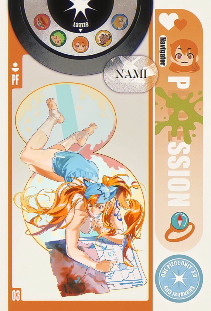 kithwith (kith 0121), monkey d. luffy, nami (one piece), roronoa zoro, sanji (one piece), usopp, one piece, toeless socks, commentary, 1girl, bandana, bare arms, bare shoulders, blue bandana, blue shorts, breasts, character name, closed mouth, collarbone, compass, dolphin shorts, feet, full body, heart, holding, holding pen, log pose, long hair, lying, map, medium breasts, on stomach, orange hair, pen, shorts, shoulder tattoo, socks, solo, stirrup footwear, tank top, tattoo, toes, toned, toned female, white socks, white tank top