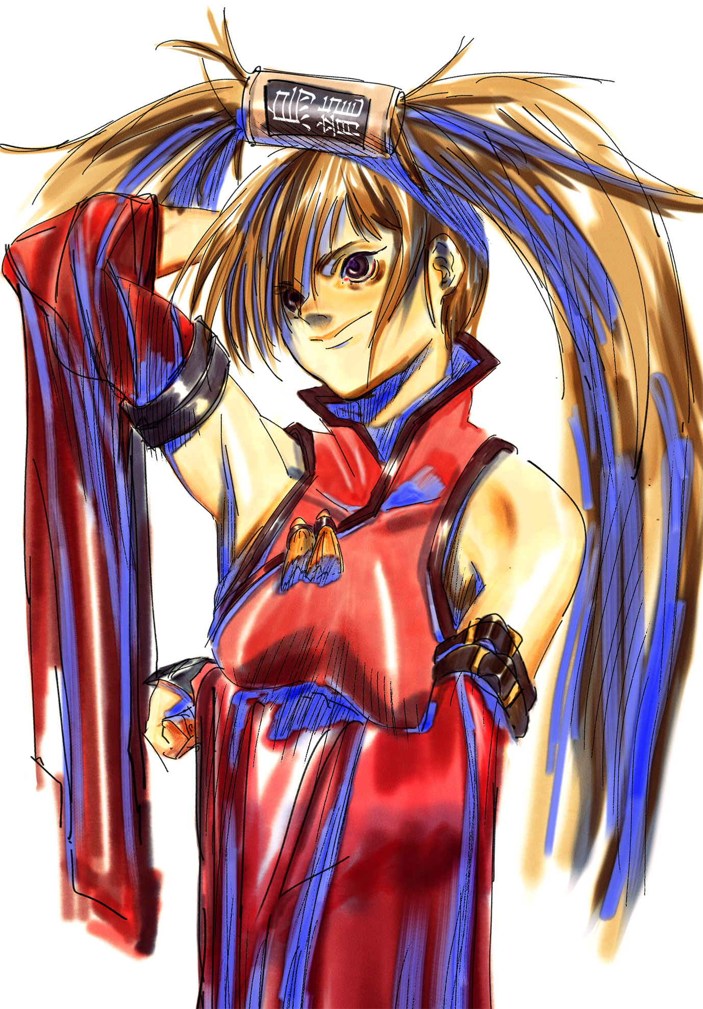 storyteller777, kuradoberi jam, guilty gear, commentary request, highres, 1girl, arm under breasts, arm up, bare shoulders, breasts, brown eyes, brown hair, can, china dress, chinese clothes, closed mouth, detached sleeves, dress, hair ornament, long hair, medium breasts, red dress, red sleeves, simple background, sleeveless, sleeveless dress, solo, tassel, very long hair, white background, wide sleeves