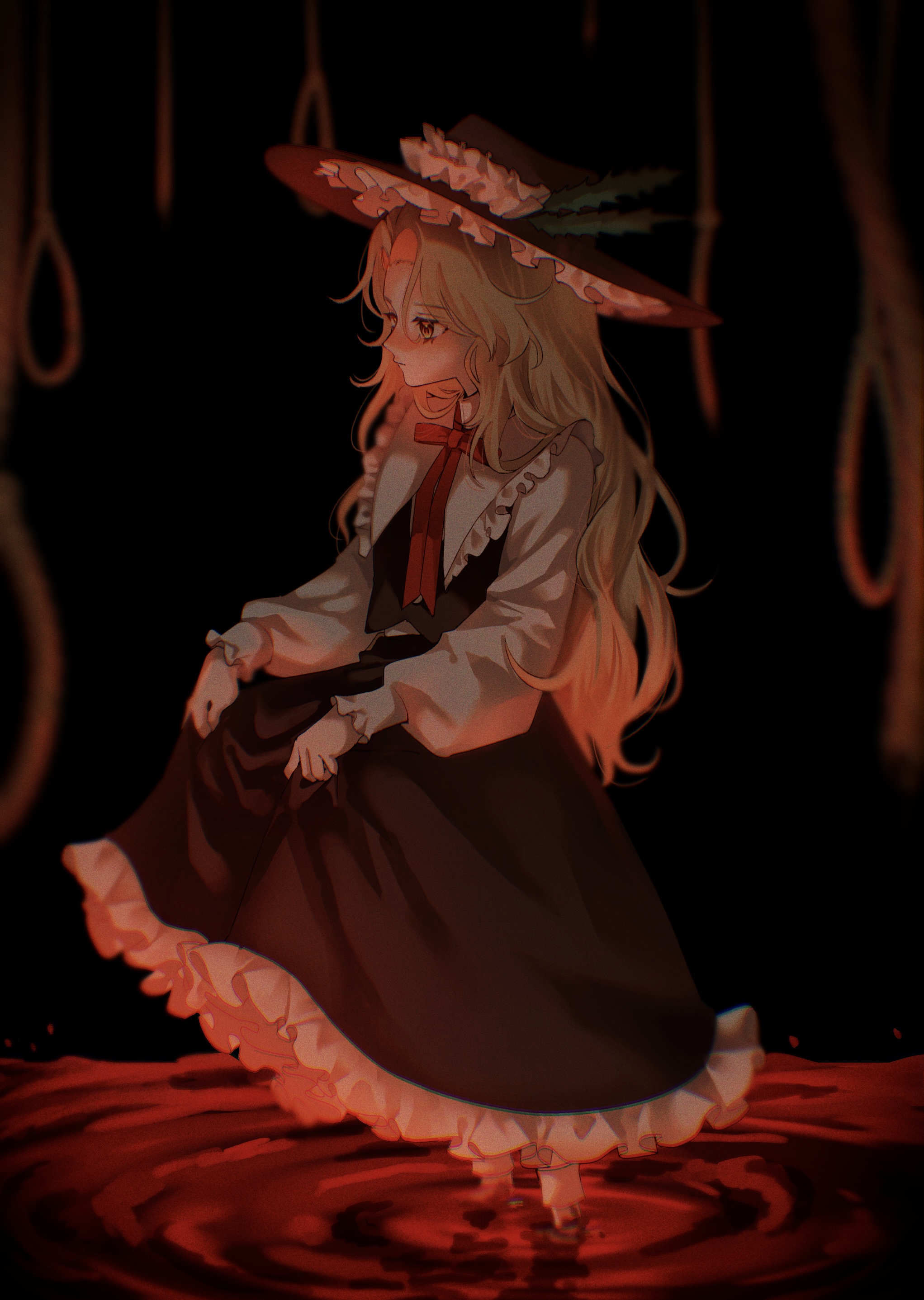 yoshino (q sci), jacket girl (dipp), dolls in pseudo paradise, touhou, absurdres, highres, 1girl, black background, black hat, black skirt, black vest, blonde hair, blood, frilled hat, frilled shirt collar, frilled skirt, frills, from side, hat, long hair, long sleeves, neck ribbon, noose, pool of blood, red ribbon, ribbon, skirt, skirt hold, solo, standing, vest, wading