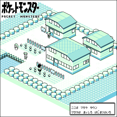 kow (torakow), blue oak, blue oak (pokemon rgby), daisy oak, professor oak, red (pokemon), nintendo, pokemon, pokemon rgby, bad id, bad pixiv id, lowres, translation request, 1990s (style), 2boys, 3d, building, copyright name, green theme, hat, isometric, map, monochrome, multiple boys, pallet town, pixel art, retro artstyle, town, water