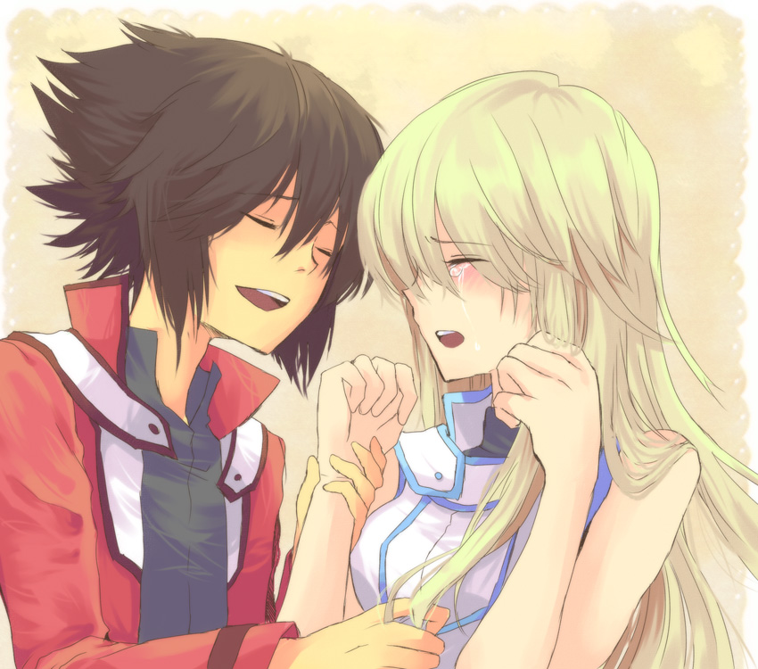 raraoa (lalaoa), tenjouin asuka, yuki judai, yu-gi-oh!, yu-gi-oh! gx, bad id, bad pixiv id, 1boy, 1girl, blonde hair, blush, brown hair, closed eyes, couple, duel academy uniform (yu-gi-oh! gx), hetero, long hair, obelisk blue uniform, osiris red uniform, school uniform, short hair, smile, tears, upper body