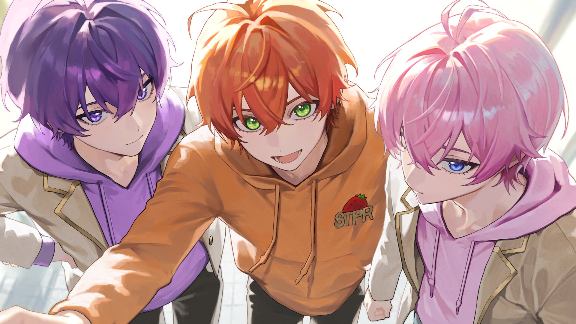 tsukishiro yashiro, jel (stpri), nanamori (stpri), satomi (stpri), strawberry prince, highres, 3boys, brown jacket, clenched hand, closed mouth, from above, green eyes, hair between eyes, hand on own hip, hood, hoodie, jacket, looking at viewer, looking up, male focus, multiple boys, open clothes, open jacket, open mouth, orange hair, orange hoodie, outstretched arm, pink hair, pink hoodie, purple eyes, purple hair, purple hoodie, short hair, smile