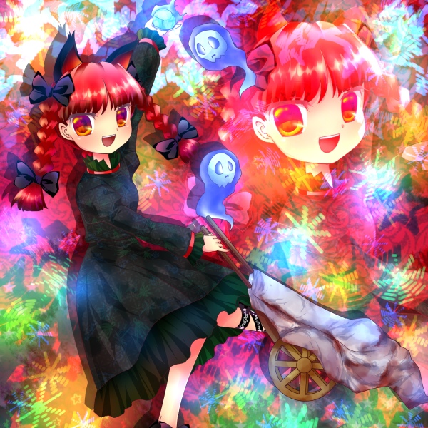 sakurano, kaenbyou rin, touhou, 1girl, animal ears, braid, cat ears, cat girl, colorful, female focus, hair ribbon, multiple views, red eyes, red hair, ribbon, short hair, twin braids, twintails, wheelbarrow