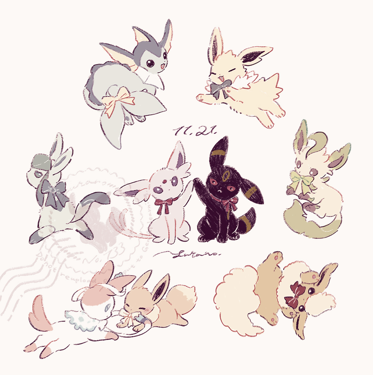 yurano (upao), eevee, espeon, flareon, glaceon, jolteon, leafeon, sylveon, umbreon, vaporeon, nintendo, pokemon, highres, :<, animal focus, animal hands, black eyes, black fur, blue bow, blue eyes, blue fur, bow, brown eyes, brown fur, dated, facial mark, fins, fish tail, forehead jewel, forehead mark, full body, gen 1 pokemon, gen 2 pokemon, gen 4 pokemon, gen 6 pokemon, green bow, green fur, head fins, leaf, looking at viewer, lying, neck fur, no humans, open mouth, orange fur, pawpads, pink fur, pokemon (creature), pokemon focus, purple eyes, purple fur, red bow, red eyes, red ribbon, ribbon, sidelocks, simple background, sitting, spiked tail, standing, tail, white background, white bow, white fur, yellow fur