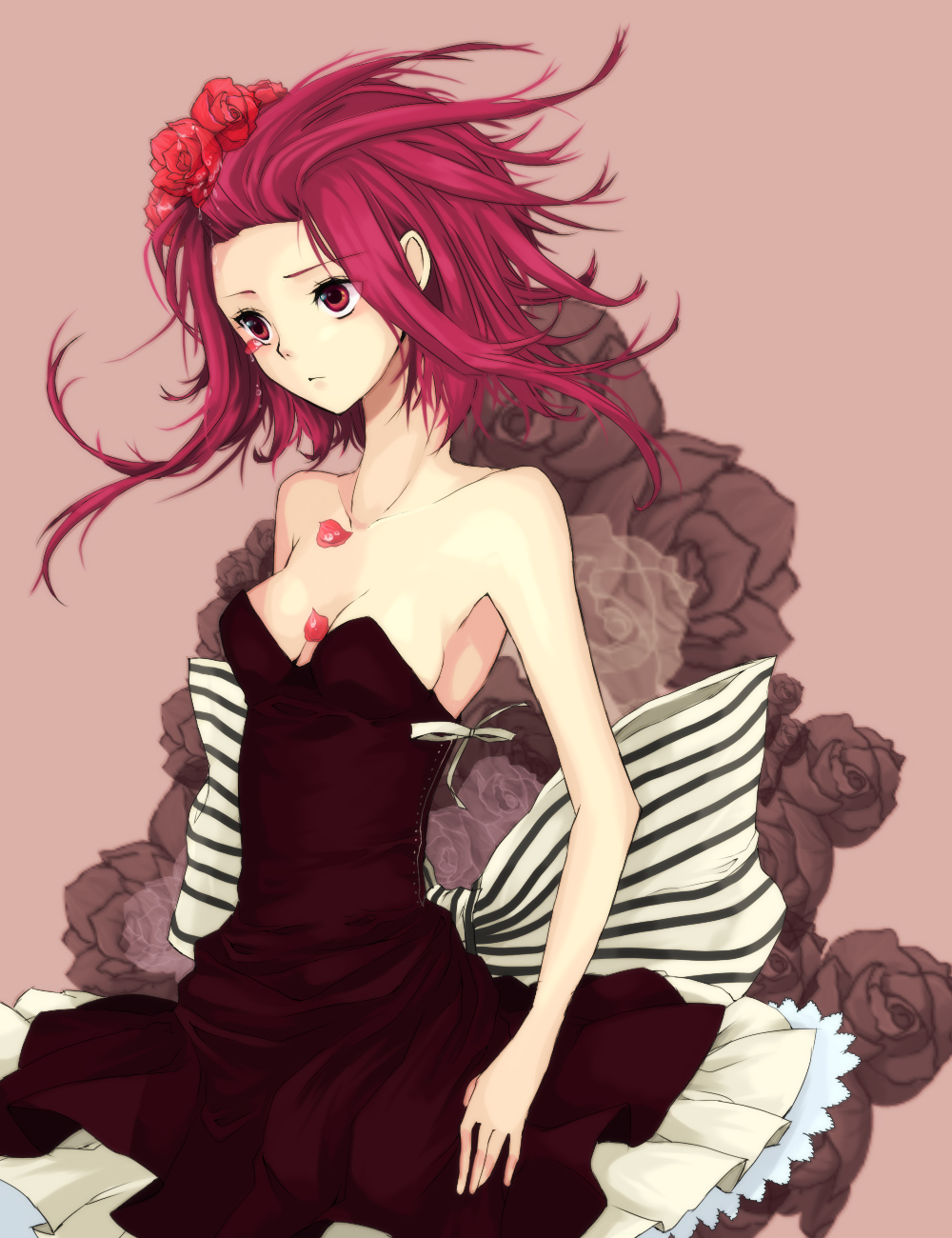 raraoa (lalaoa), izayoi aki, yu-gi-oh!, yu-gi-oh! 5d's, bad id, bad pixiv id, highres, 00s, 1girl, bare shoulders, dress, female focus, flower, petals, red eyes, red hair, ribbon, rose, solo, strapless, strapless dress, striped ribbon