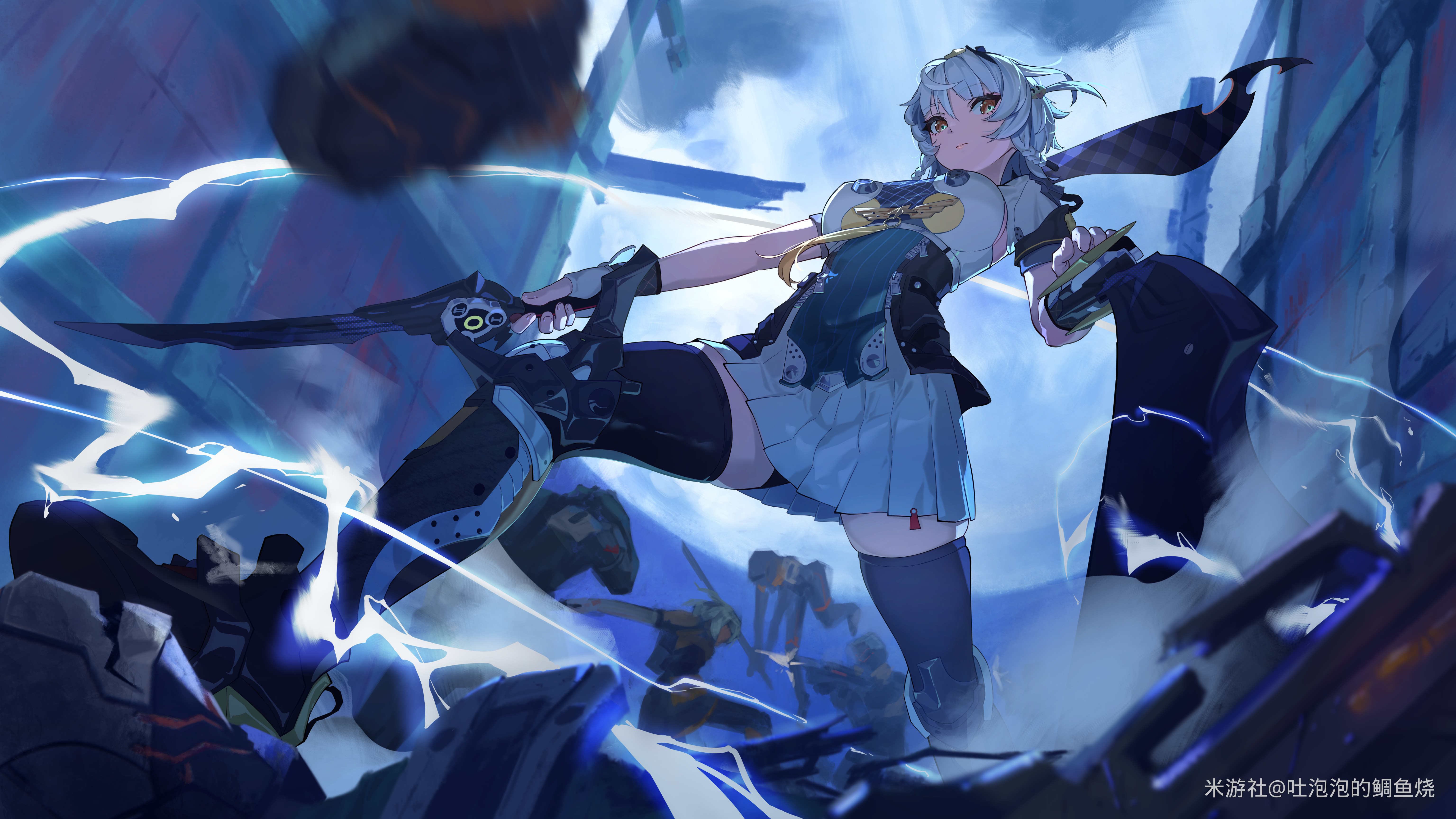 tu pao diao yu shao, anby demara, anby demara (silver soldier), soldier 11 (zenless zone zero), zenless zone zero, absurdres, commentary request, highres, 2girls, 6+others, armored boots, bike shorts, bike shorts under skirt, black hairband, black thighhighs, blurry, blurry foreground, boots, braid, braided sidelocks, breasts, burger hair ornament, closed mouth, cloud, cloudy sky, dual wielding, electricity, fighting, fingerless gloves, firing, food-themed hair ornament, gloves, grey hair, hair ornament, hairband, holding, holding sword, holding weapon, looking at another, medium breasts, multiple girls, multiple others, orange eyes, outdoors, short hair, shrug (clothing), sideboob cutout, sky, sword, thighhighs, weapon, white gloves, white shrug