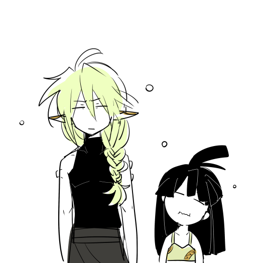 kokecoo, cestus (sekaiju), cestus 2 (sekaiju), warlock (sekaiju), warlock 3 (sekaiju), etrian odyssey, sekaiju no meikyuu, sekaiju no meikyuu 5, 1boy, 1girl, ahoge, black shirt, blonde hair, closed eyes, elf, height difference, long hair, pointy ears, shirt, sleepy, sleeveless