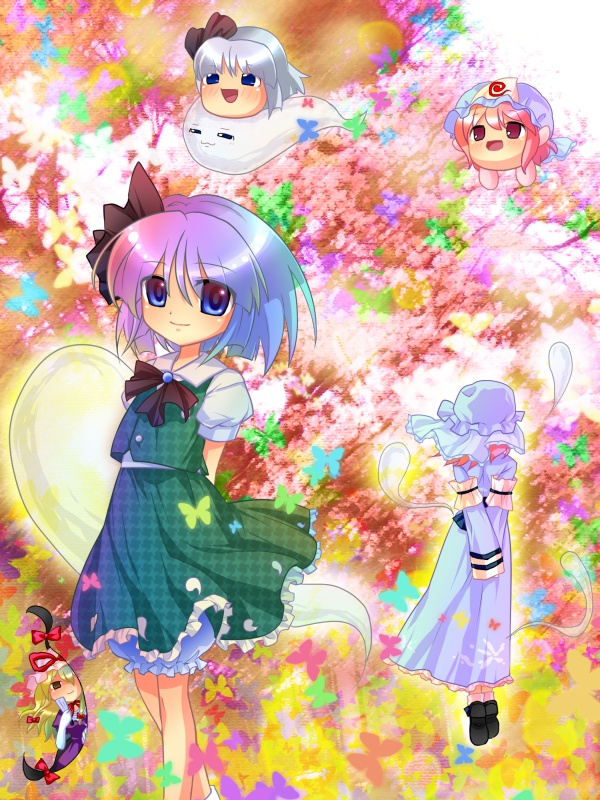 sakurano, konpaku youmu, konpaku youmu (ghost), saigyouji yuyuko, yakumo yukari, touhou, silver hair, 3girls, :3, blonde hair, blue eyes, colorful, elbow gloves, female focus, gap (touhou), ghost, gloves, hairband, hat, hitodama, long hair, multiple girls, pink eyes, pink hair, short hair, yellow eyes, yukkuri shiteitte ne