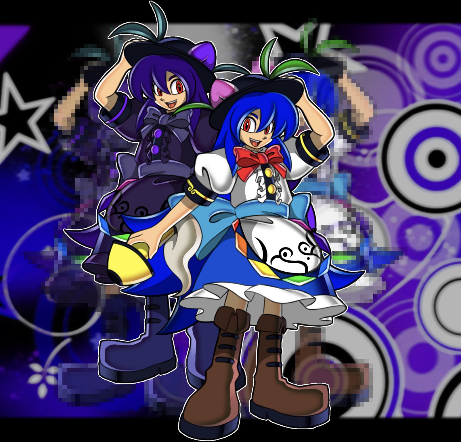 animemaster, hinanawi tenshi, sonic (series), sonic adventure 2, touhou, highres, 1girl, back bow, black hat, blue bow, blue hair, bow, brown shoes, dual persona, food, food-themed hair ornament, frilled skirt, frills, fruit, fruit hat ornament, hair between eyes, hair ornament, hat, hat ornament, holding, holding weapon, kaname-ishi, leaf, leaf hat ornament, looking at viewer, official style, ofuda, ofuda on clothes, peach, peach hair ornament, peach hat ornament, puffy short sleeves, puffy sleeves, purple bow, purple hair, purple ribbon, purple shirt, purple shoes, purple skirt, rainbow gradient, rainbow order, red bow, red ribbon, ribbon, shirt, shoes, short sleeves, skirt, smile, solo, sword of hisou, teeth, uekawa yuji (style), upper teeth only, weapon