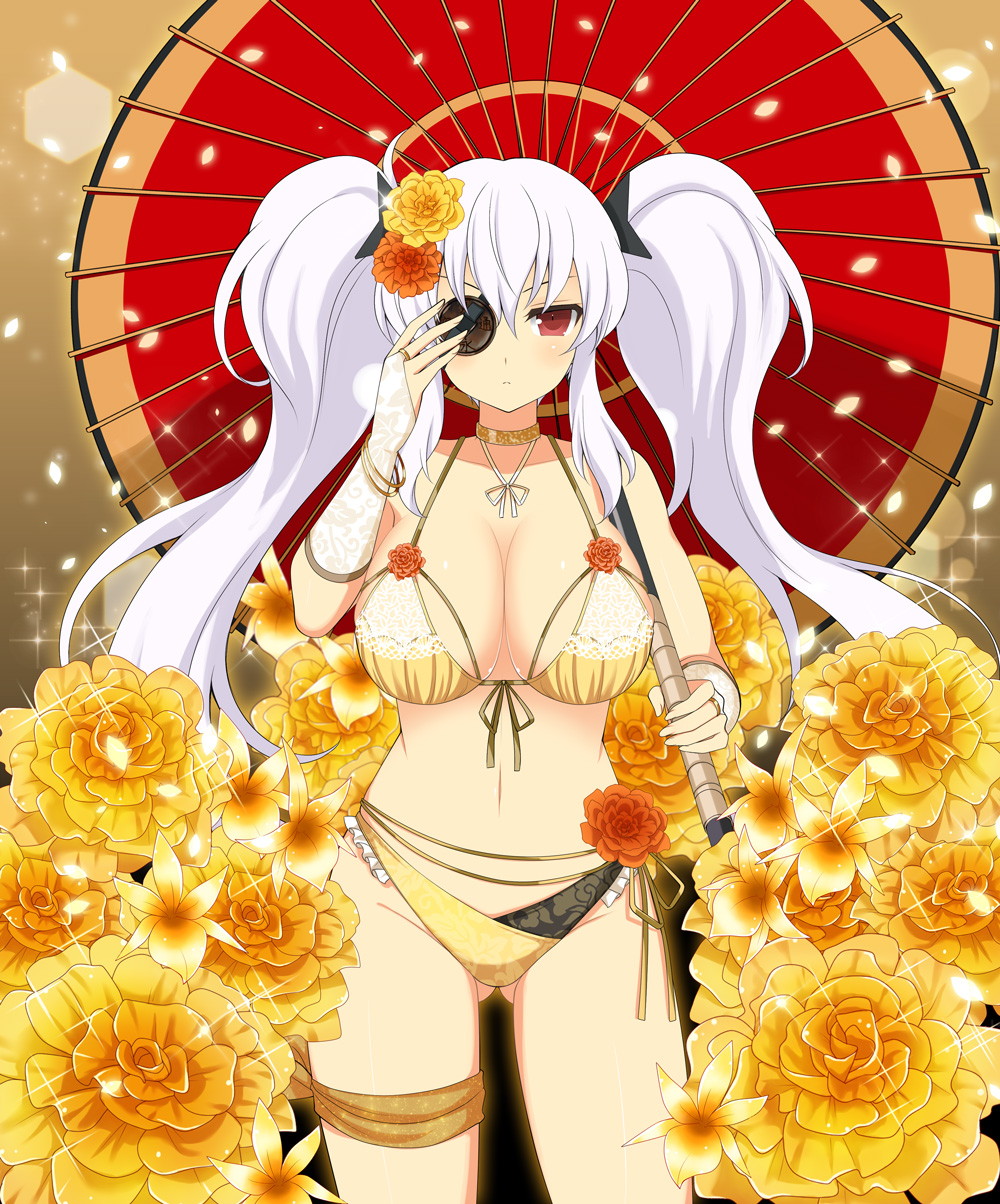 yagyu (senran kagura), senran kagura, senran kagura new wave, senran kagura shoujo-tachi no shin'ei, flower request, highres, official art, 1girl, bikini, black bikini, blush, breasts, bridal gauntlets, cleavage, eyepatch, falling petals, floral print, flower, gluteal fold, gold bikini, gold choker, gold flower, gold rose, hair between eyes, hair flower, hair ornament, holding, holding umbrella, large breasts, light particles, long hair, looking at viewer, multicolored bikini, navel, neck ribbon, non-circular lens flare, oil-paper umbrella, orange flower, orange rose, petals, red eyes, ribbon, rose, shuriken, shuriken hair ornament, sidelocks, solo, sparkle, standing, swimsuit, thigh strap, twintails, two-tone bikini, umbrella, weapon, white hair, yellow flower, yellow rose