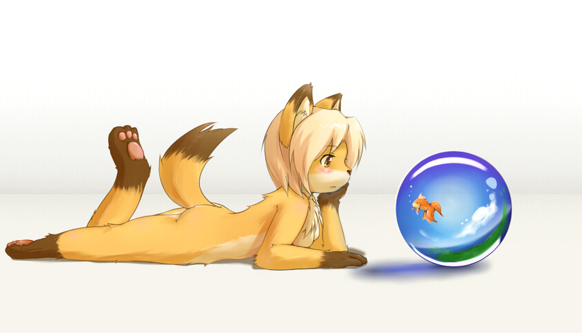 kagerofu, 1girl, animal, animal ears, animal hands, ass, barefoot, blush, feet, female focus, fish, fox ears, fox tail, furry, furry female, gradient background, lying, nude, pawpads, soles, solo, tail