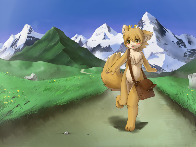 ka (pixiv341010), kagerofu, animal ears, animal hands, bag, barefoot, blush, fang, fox ears, fox tail, furry, grass, happy, mountain, nature, nude, open mouth, sky, smile, tail
